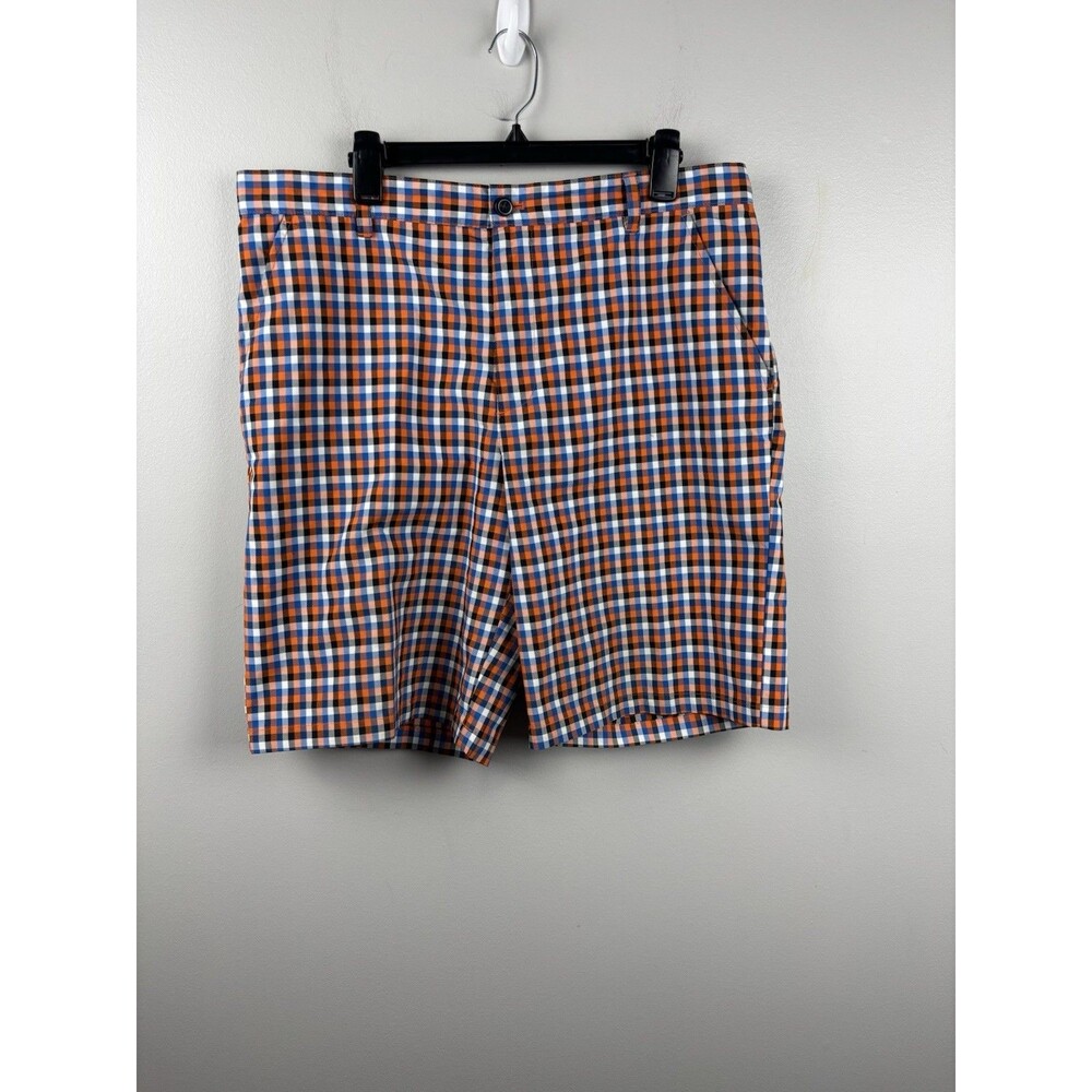 Izod Golf Plaid Shorts Mens Performance Size 36 White Blue Orange Checkered EUC